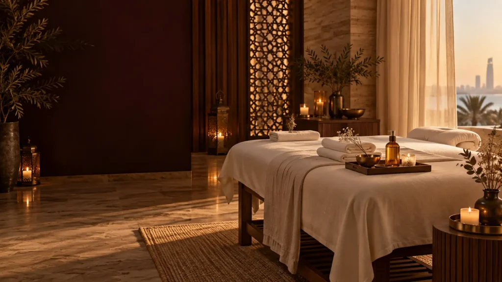 Relaxing women's home massage setup with candles and professional bed by Hayat Spa