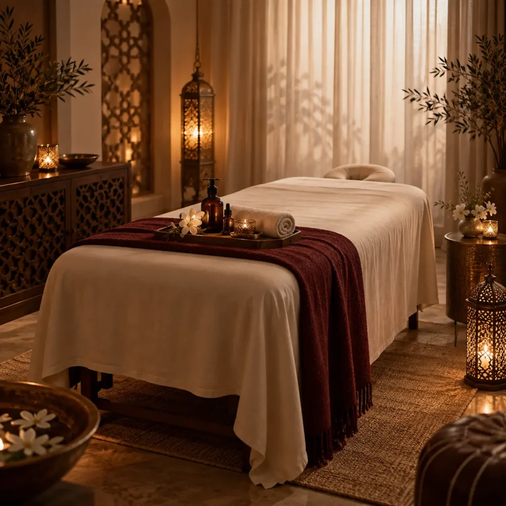Luxurious women's home massage bed setup with oriental lanterns and spa oils by Hayat Spa